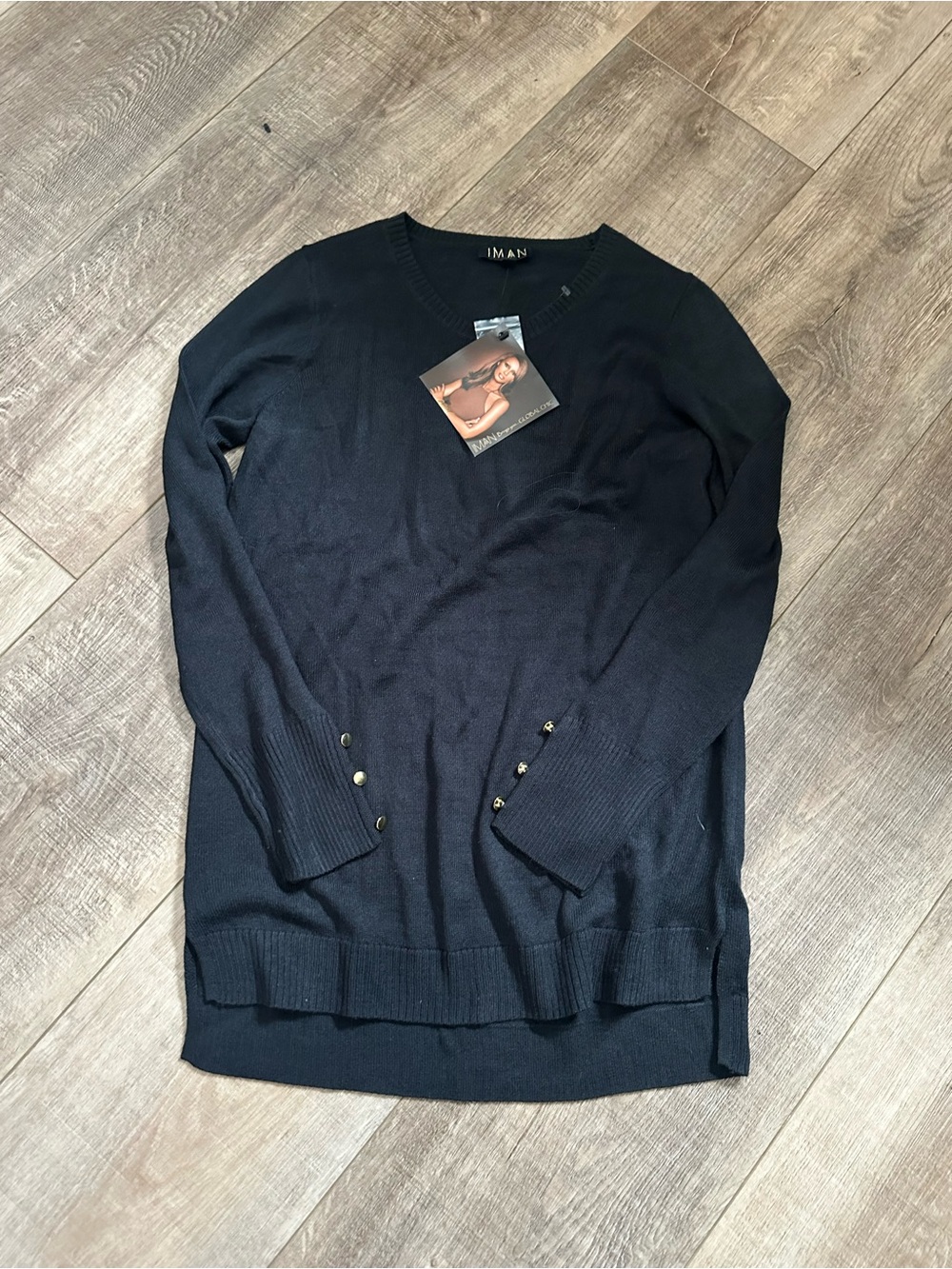 Women's IMAN Black V-crew neck Sweater with Sleeve detail